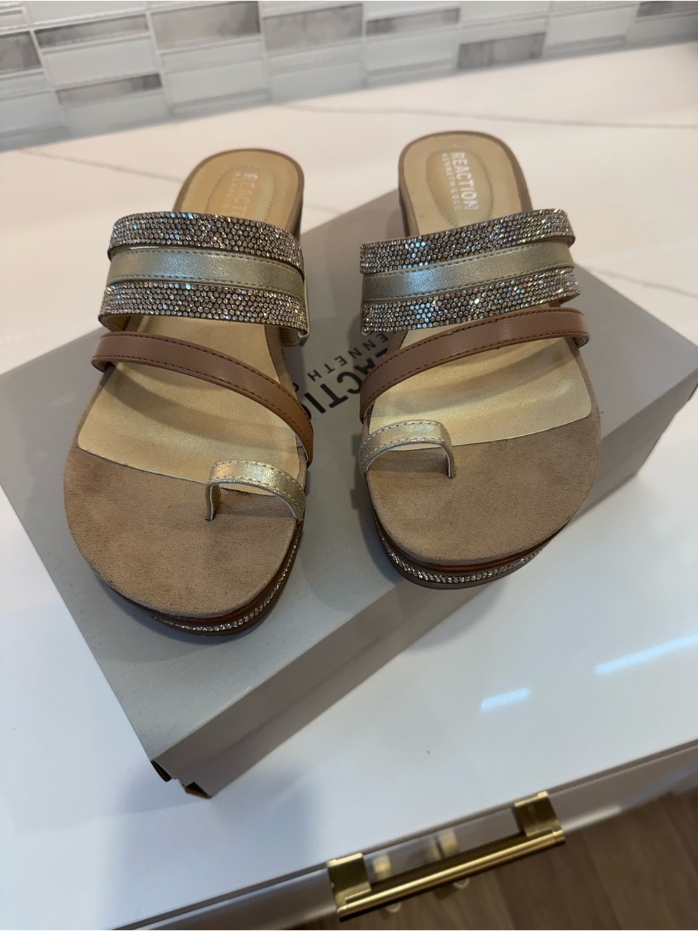 Kenneth Cole Reaction Metallic Gold and Tan Rhinestone Slide Sandals